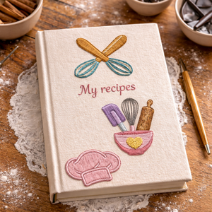 Personalized hand embroidered recipe book featuring a pastel dessert workshop theme with stand mixer, mixing bowls, cupcakes, macarons, oven mitts, and baking accessories.