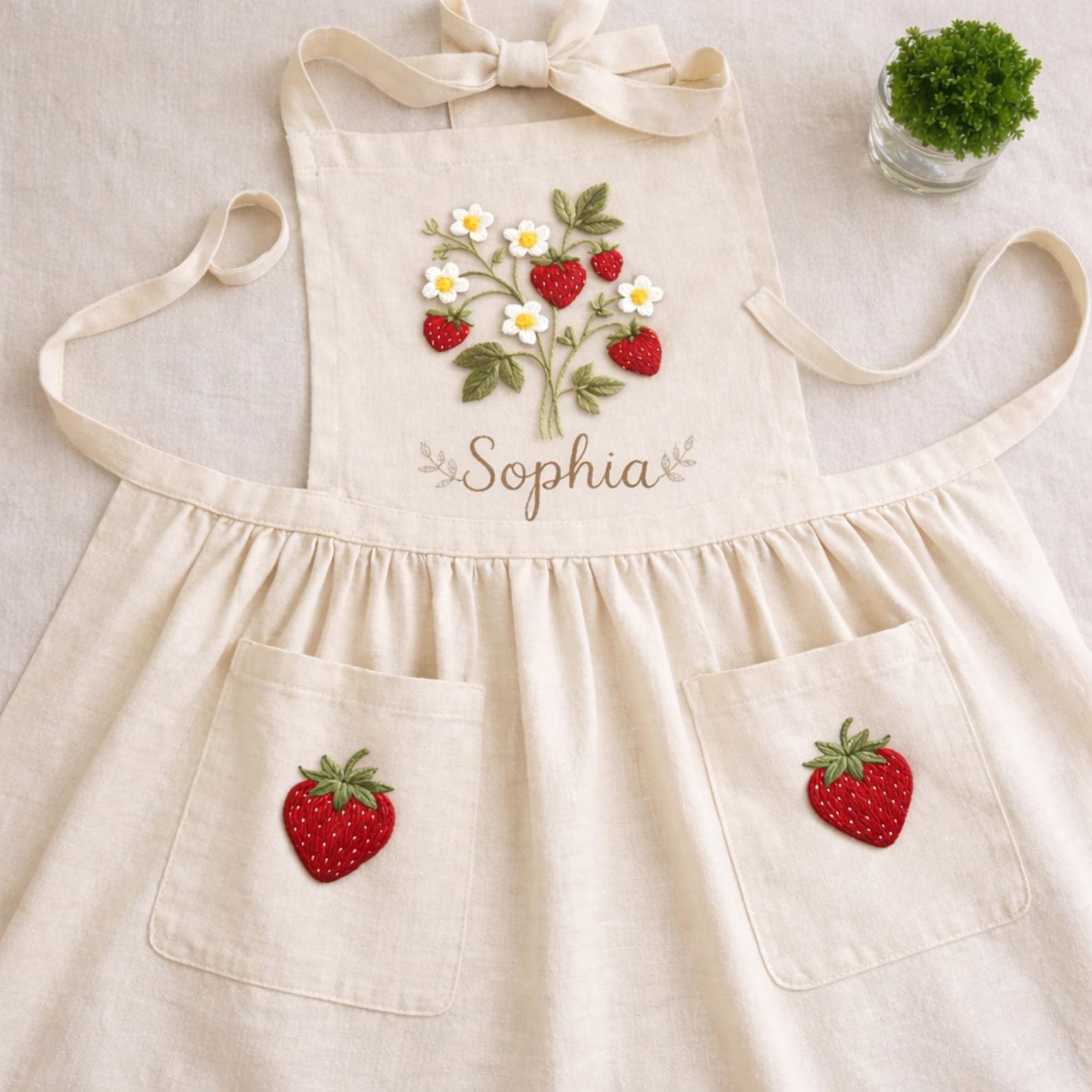 Hand Embroidered Cotton-Linen Apron, Strawberry Bouquet, Custom Name Gift