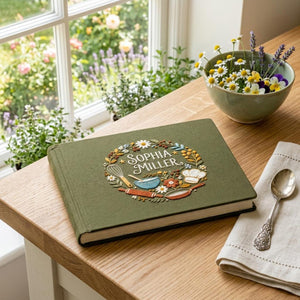 Personalized cottage garden hand embroidered recipe book featuring floral wreath, whisk, mixing bowl, rolling pin, chef hat, and farmhouse kitchen embroidery on linen cover