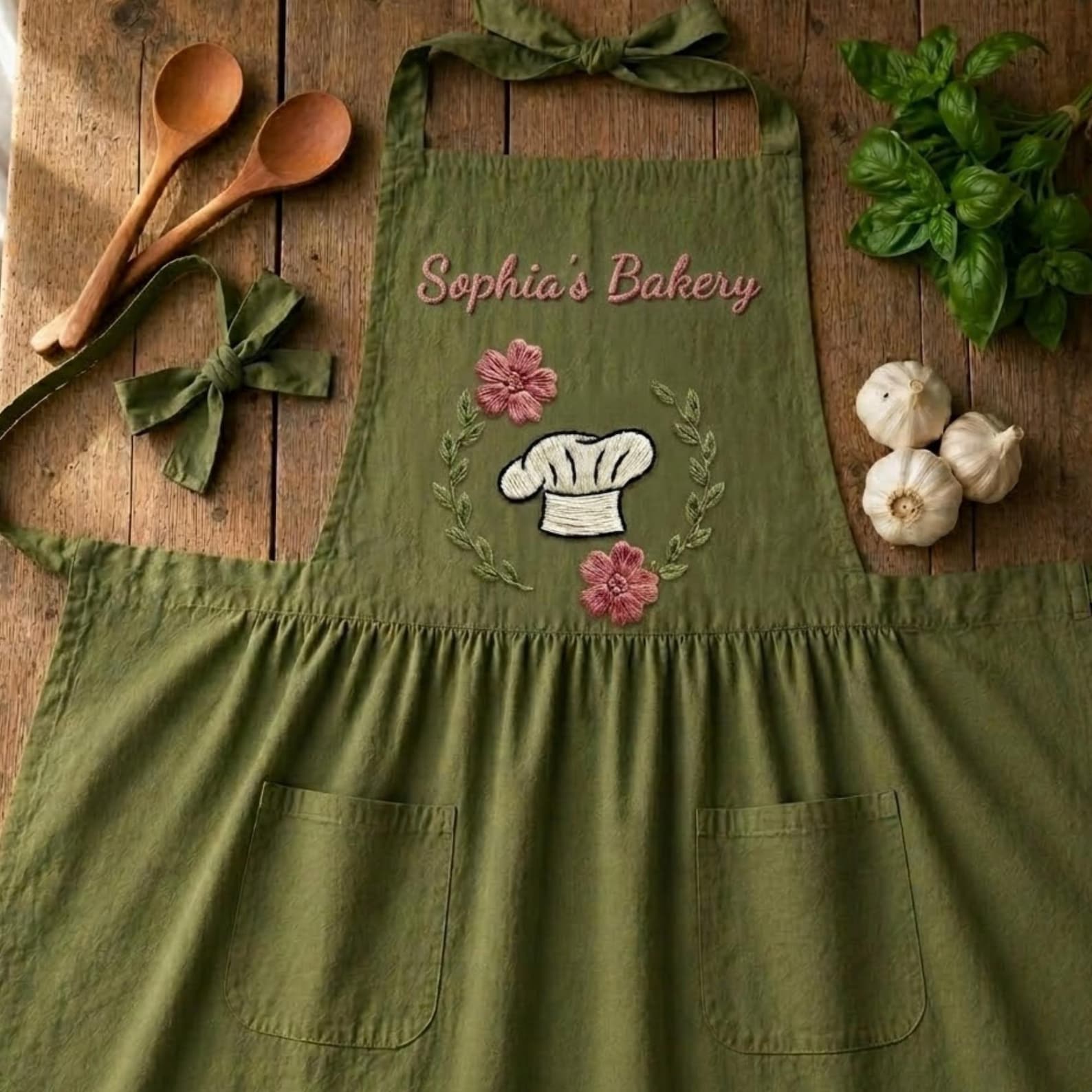 Hand Embroidered Cotton-Linen Apron, Floral Chef Hat Design, Personalized Baker Gift