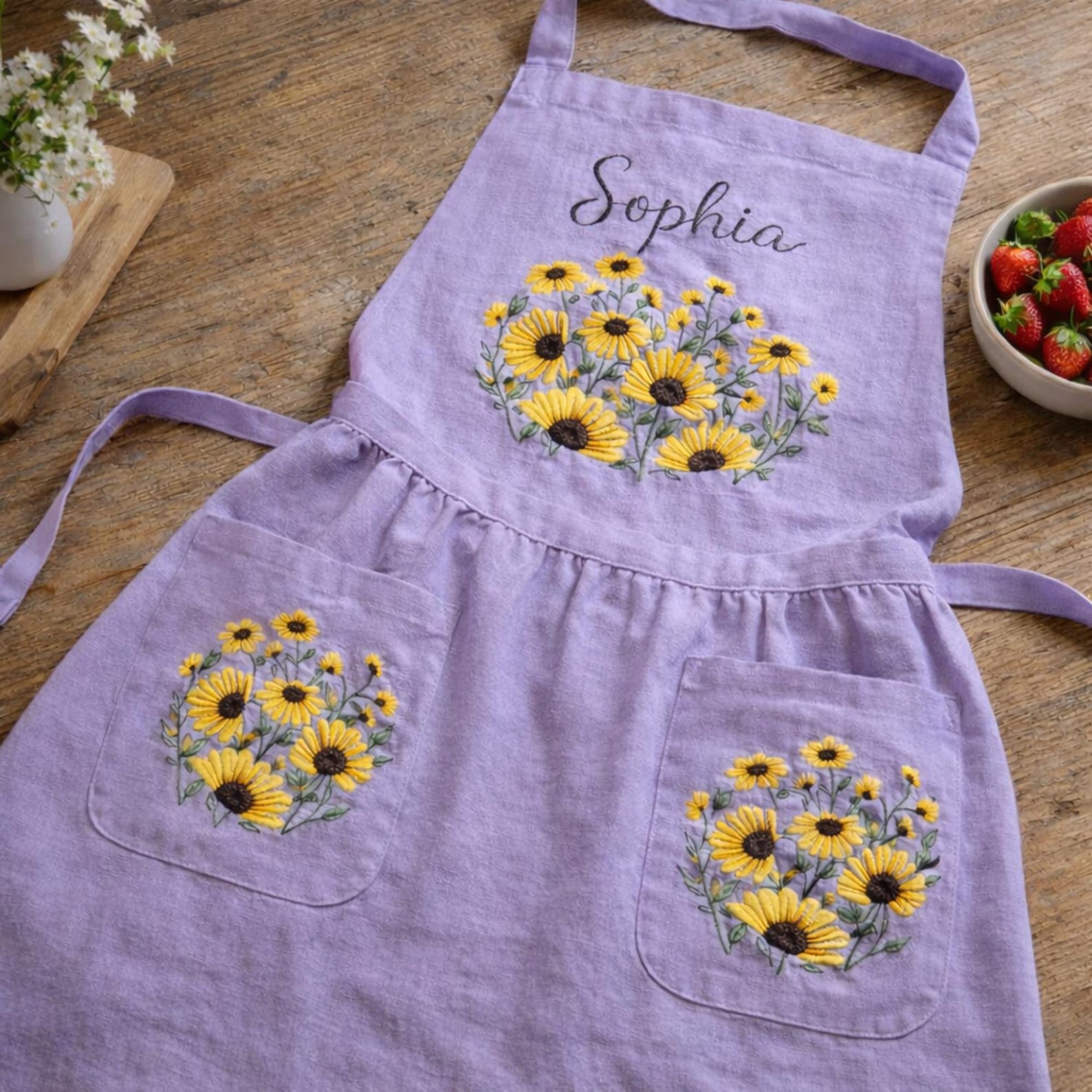 Hand Embroidered Cotton-Linen Apron, Sunflower Garden, Personalized Gift