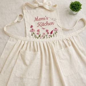 Personalized hand embroidered apron featuring floral wreath embroidery with custom name surrounded by pink roses and botanical accents.