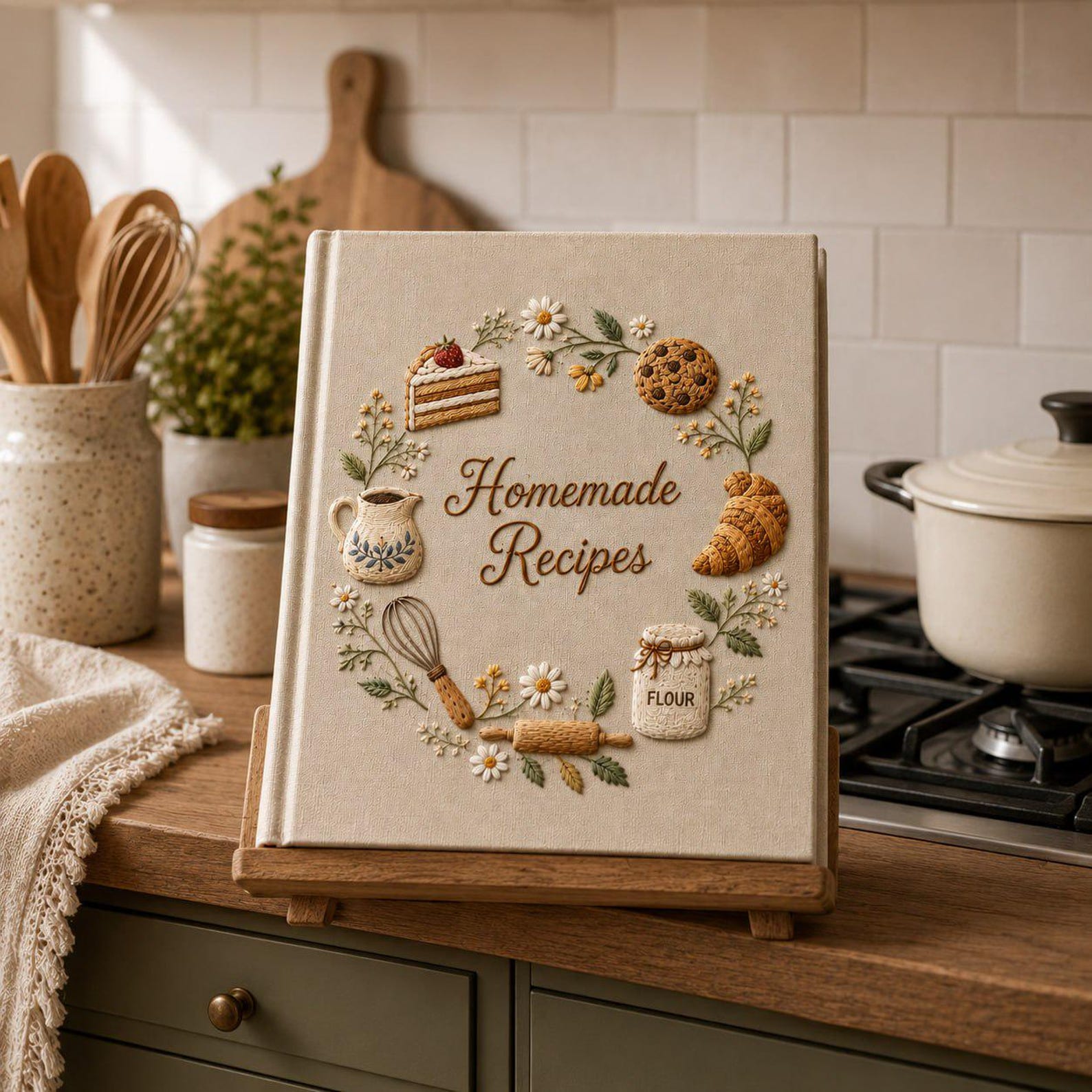 Hand embroidered recipe book featuring homemade baking illustrations including cake cookies croissants flour jar whisk rolling pin and floral accents.