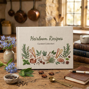 Personalized heirloom recipe collection hand embroidered recipe book featuring herbs, whisks, spices, mortar and pestle, copper cookware, and farmhouse kitchen motifs on linen cover
