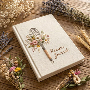 Hand embroidered recipe book featuring a vintage whisk decorated with wildflowers, wheat stems and botanical cottagecore details on a linen hardcover notebook.