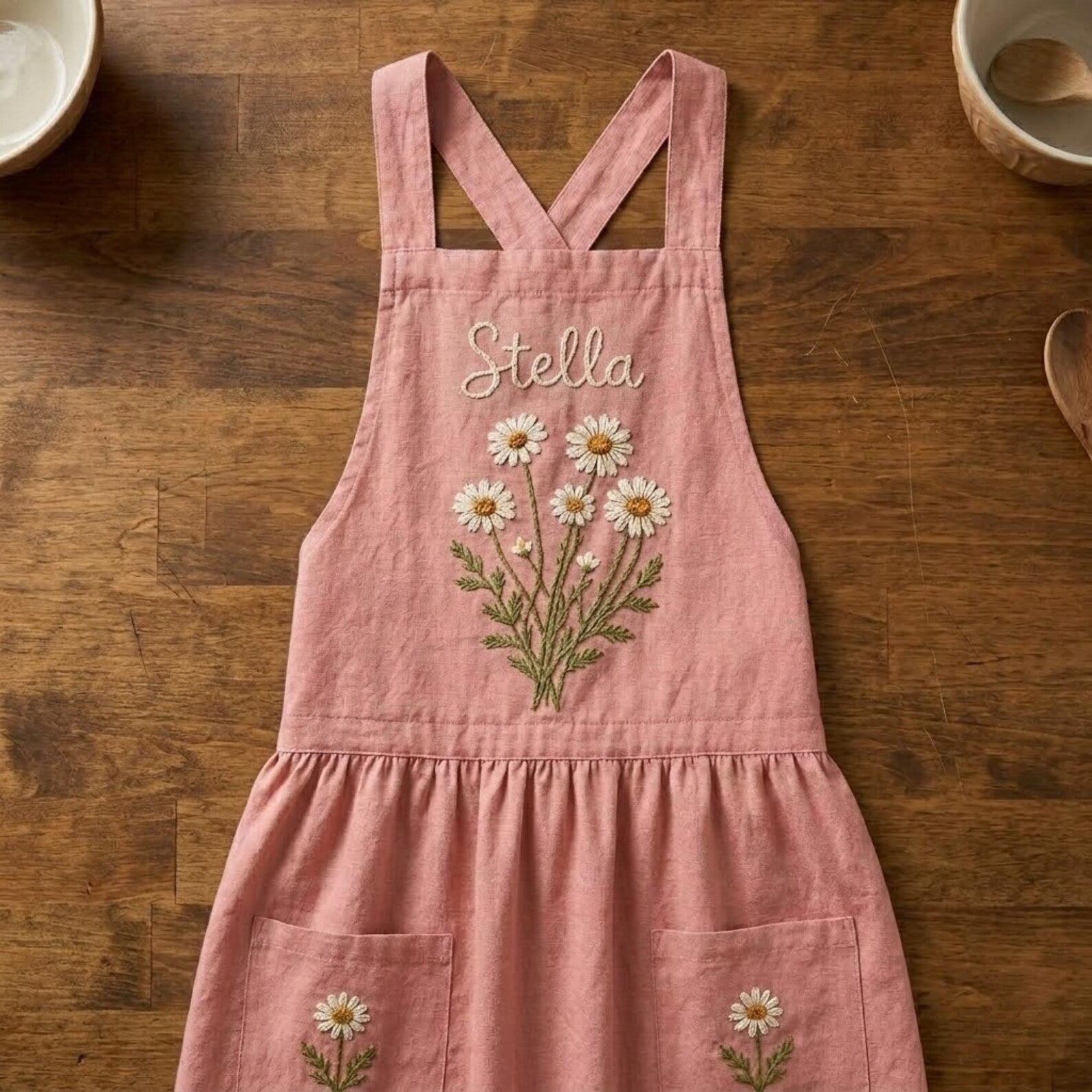 Hand Embroidered Cotton-Linen Apron, Daisy Wildflower Design, Personalized Gift