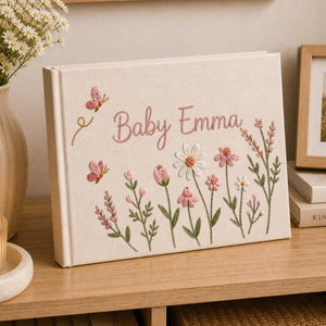 Personalized butterfly wildflower hand embroidered linen notebook with pink flowers and custom name