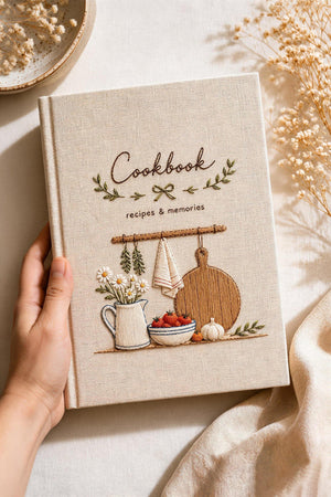 Hand embroidered farmhouse cookbook featuring rustic kitchen shelf daisies tomatoes herbs garlic and wooden cutting board on linen cover