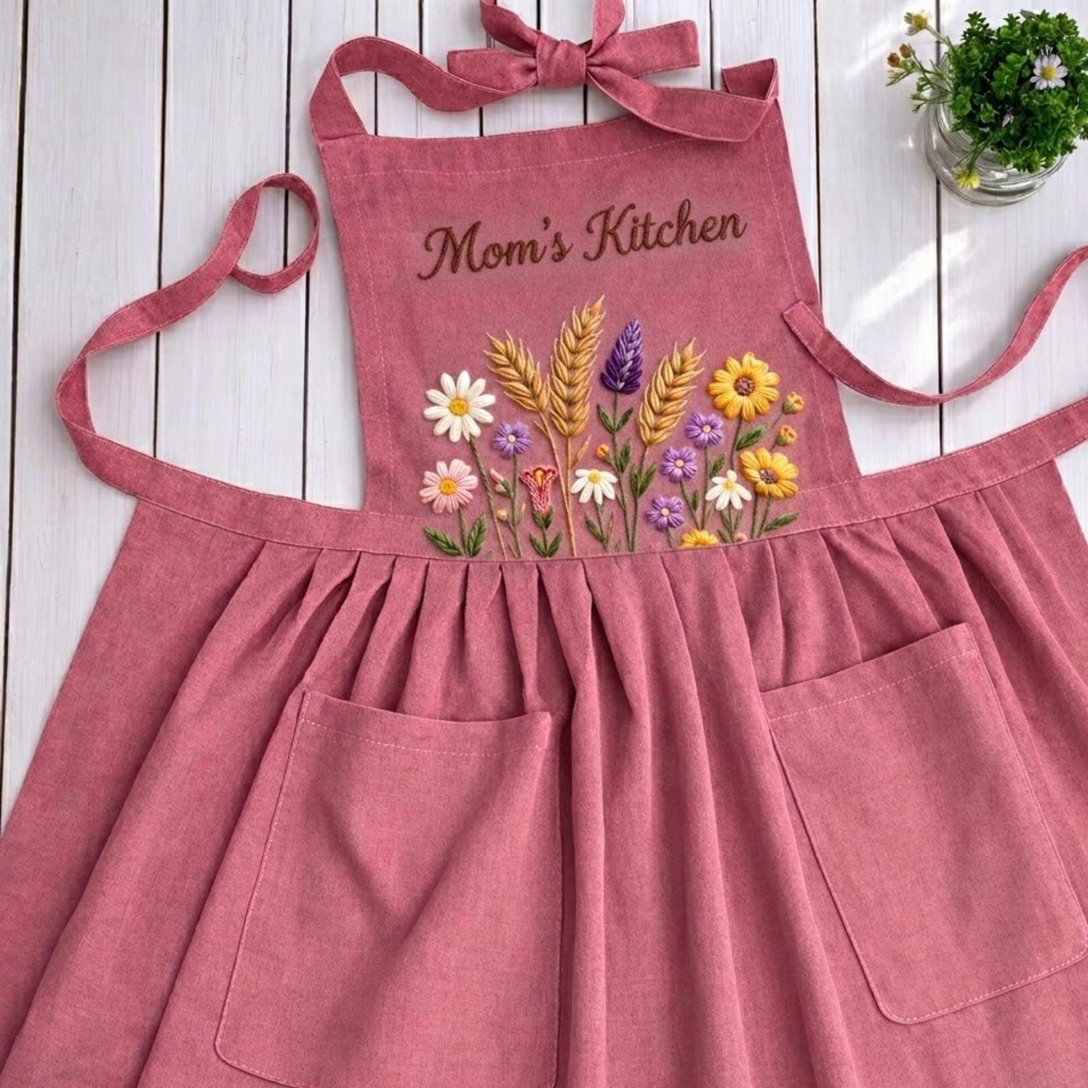 Hand Embroidered Cotton-Linen Apron, Wildflower Design, Personalized Gift, Ver 4