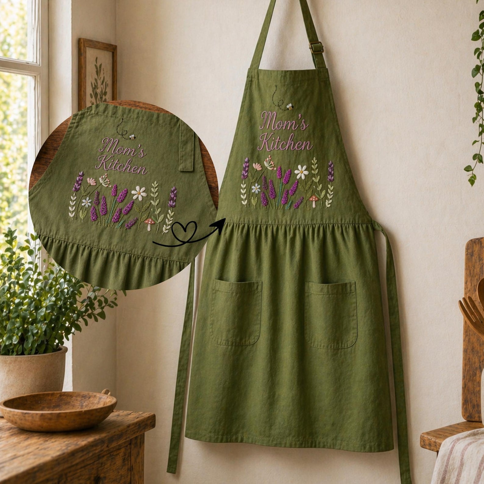 Hand Embroidered Cotton-Linen Apron, Natural Wildflower Design, Personalized Gift, Ver 3
