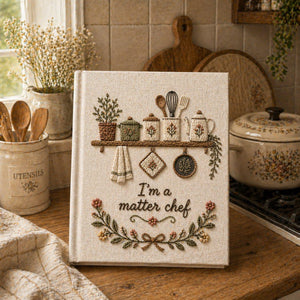 Hand embroidered recipe book featuring cottage kitchen shelf with teapot jars utensils and floral farmhouse embroidery on linen cover