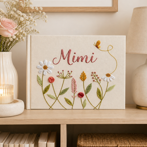Personalized romantic wildflower hand embroidered linen notebook with butterfly heart trail and custom name