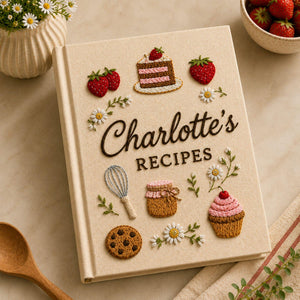 Personalized strawberry bakery hand embroidered recipe book featuring strawberries jam cupcakes layered cakes cookies and floral embroidery