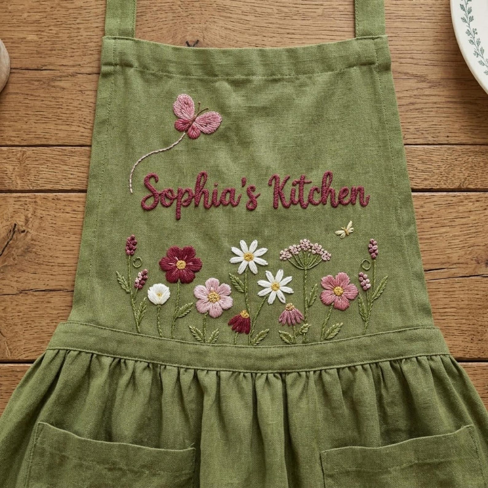 Hand Embroidered Cotton-Linen Apron, Wildflower Design, Personalized Gift, Ver 3