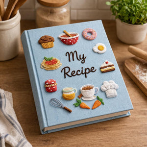 Personalized hand embroidered recipe book featuring muffins, donuts, cakes, coffee cups, jam jars, chef hat, whisk and bakery themed illustrations on linen cover.