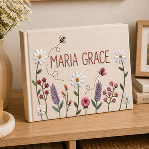 Personalized wildflower bee hand embroidered linen notebook with custom name floral garden journal gift