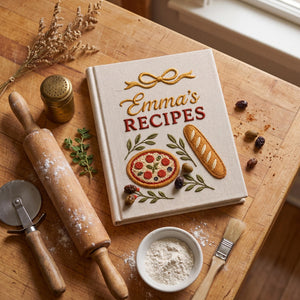 Personalized hand embroidered recipe book featuring Italian pizza, artisan bread, herb accents and rustic kitchen inspired embroidery on a linen hardcover notebook.