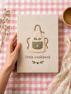 Hand embroidered recipe book featuring a minimalist cottagecore apron design on a linen hardcover notebook.