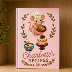 Personalized baking mouse hand embroidered recipe book with custom name and cottagecore bakery design