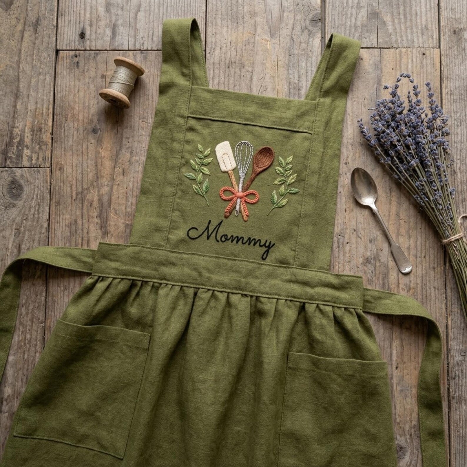 Hand Embroidered Cotton-Linen Apron, Floral Baker Design, Personalized Gift, Ver 1