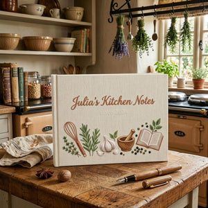 Personalized hand embroidered kitchen notes recipe journal featuring rosemary, herbs, garlic, whisk, mortar and pestle, peppercorns, and open recipe book on linen cover