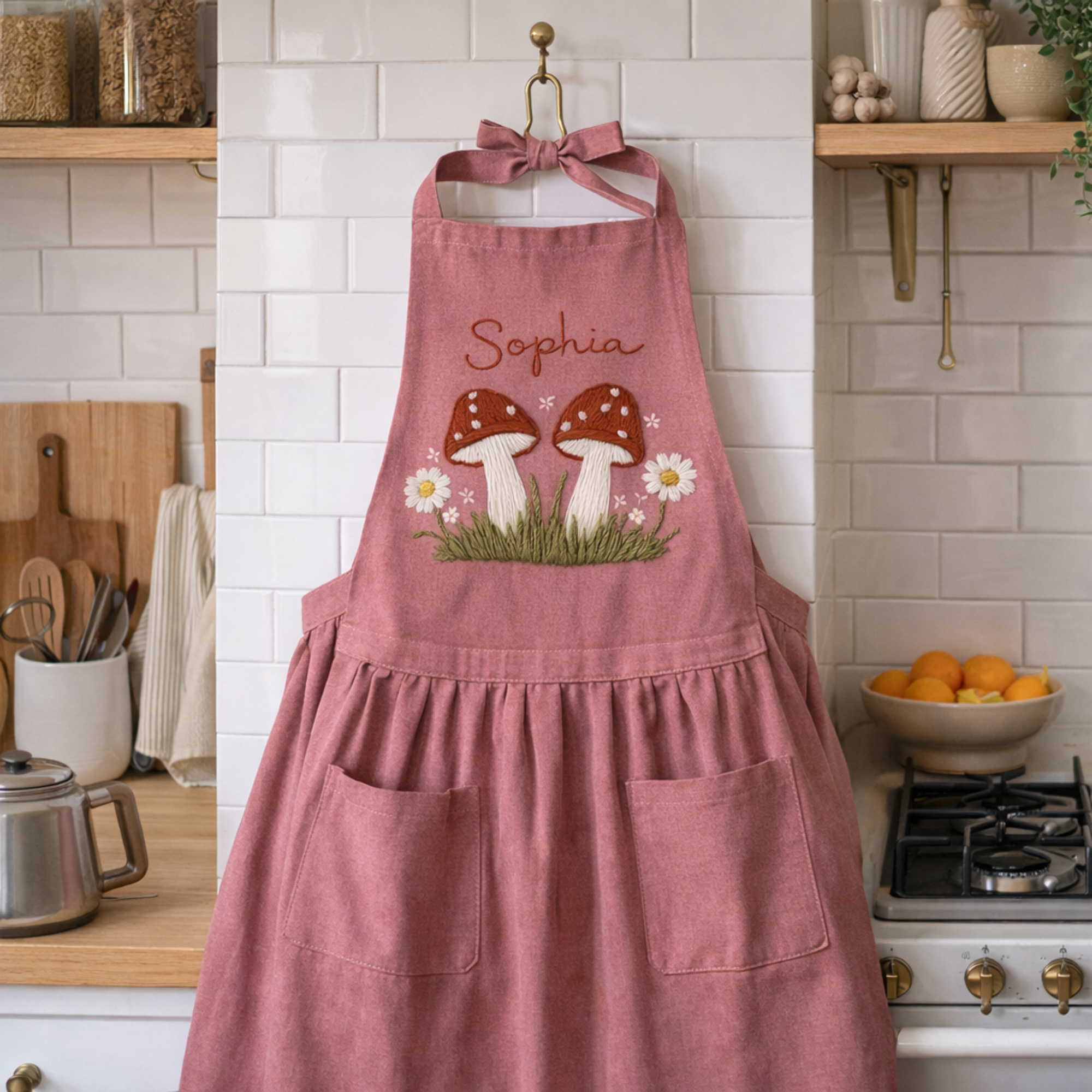 Personalized hand embroidered linen apron featuring red woodland mushrooms, wild daisies, green meadow grass and custom name embroidery in cottagecore style.