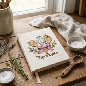 Hand embroidered recipe book featuring whisk, wooden spoon, spatula, pink ribbon and leafy branches on linen cover.