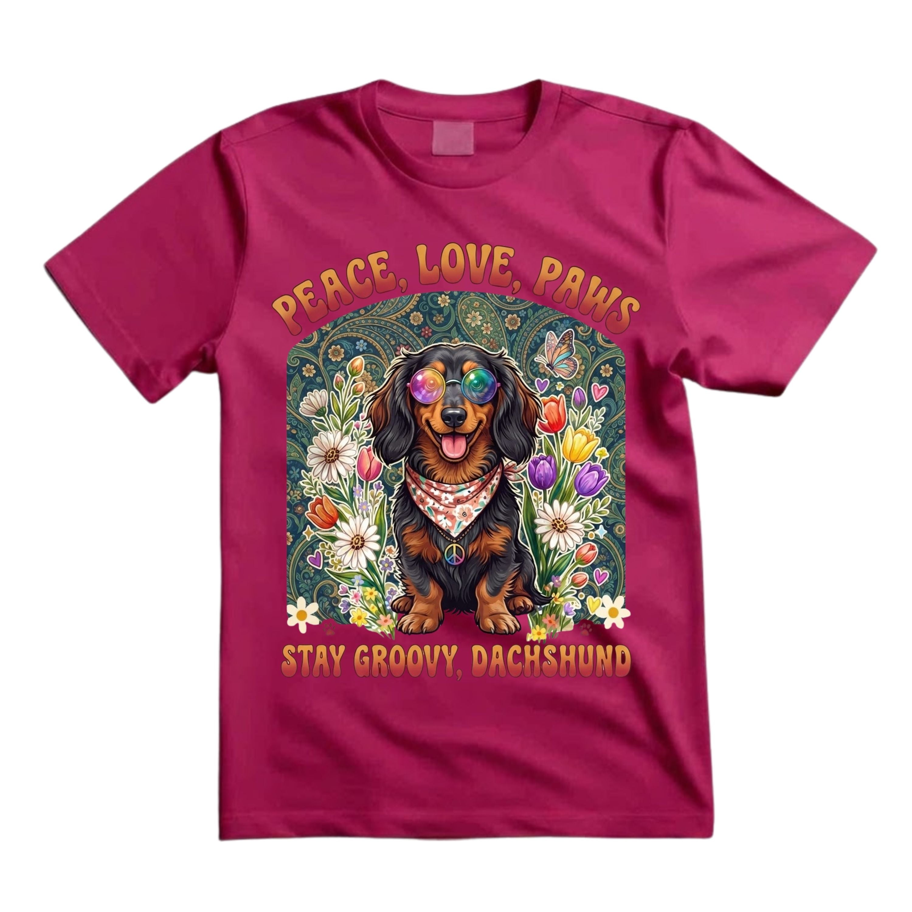 Peace Love Paws Stay Groovy Dachshund T Shirt Hippie Dog Graphic Tee Retro Floral Dachshund Shirt Groovy Dog Mom Shirt Gift For Dog Lovers