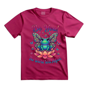 Be You The World Will Adjust T Shirt Hippie Frog Butterfly Graphic Tee Retro Lotus Frog Shirt Groovy Positive Shirt Gift For Frog Lovers