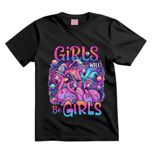 Girls Will Be Girls T Shirt Hippie Flamingo Graphic Tee Psychedelic Witchy Flamingo Shirt Retro Halloween Flamingo Shirt Gift For Flamingo Lovers
