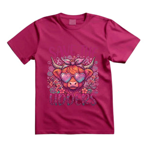 Save The Udders T Shirt Groovy Highland Cow Graphic Tee Pink Ribbon Cow Shirt Breast Cancer Awareness Shirt Hippie Cow Shirt Gift For Cow Lovers
