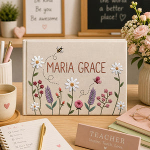 Personalized wildflower bee hand embroidered linen notebook with custom name floral garden journal gift
