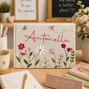 Personalized bright bloom garden hand embroidered linen notebook with colorful flowers butterflies and custom name