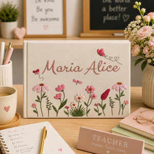 Personalized butterfly flower garden hand embroidered linen notebook with pink wildflowers and custom name