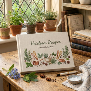 Personalized heirloom recipe collection hand embroidered recipe book featuring herbs, whisks, spices, mortar and pestle, copper cookware, and farmhouse kitchen motifs on linen cover