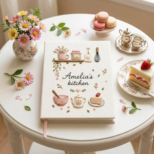 Personalized hand embroidered recipe book featuring floral teapot whisk sugar jar mixing bowl strawberry cake and cottage tea party motifs