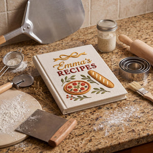 Personalized hand embroidered recipe book featuring Italian pizza, artisan bread, herb accents and rustic kitchen inspired embroidery on a linen hardcover notebook.
