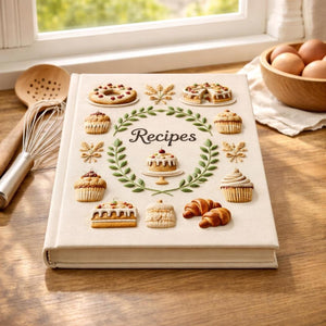 Hand embroidered recipe book featuring cakes, cupcakes, donuts, croissants and botanical wreath design on a linen cover.