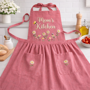 Personalized hand embroidered apron featuring bees, wildflowers, daisy flowers, and custom name embroidery on pink linen fabric.