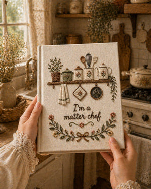 Hand embroidered recipe book featuring cottage kitchen shelf with teapot jars utensils and floral farmhouse embroidery on linen cover