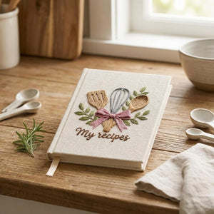 Hand embroidered recipe book featuring whisk, wooden spoon, spatula, pink ribbon and leafy branches on linen cover.