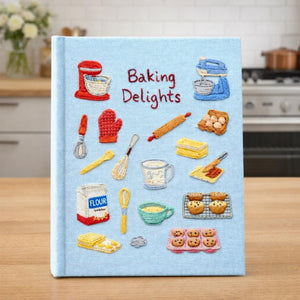 Hand embroidered recipe book featuring vintage baking studio essentials including stand mixers, rolling pins, flour, eggs, whisks, muffins and cookies on a linen cover.