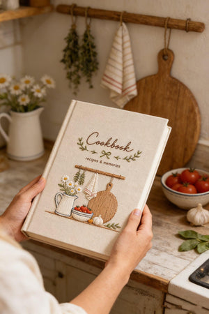 Hand embroidered farmhouse cookbook featuring rustic kitchen shelf daisies tomatoes herbs garlic and wooden cutting board on linen cover