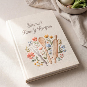 Personalized family kitchen hand embroidered recipe book featuring rolling pin whisk herbs wildflowers and farmhouse kitchen embroidery