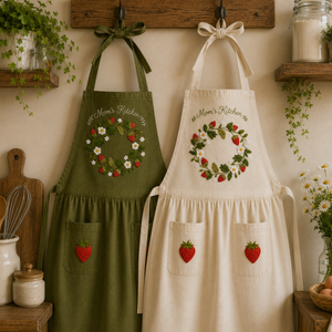 Personalized hand embroidered strawberry wreath linen apron featuring cottage garden strawberries and floral wreath embroidery, farmhouse kitchen apron for baking cooking and gardening.