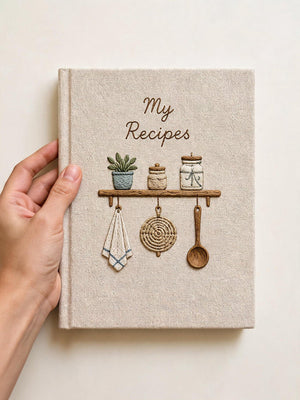 Hand embroidered recipe book featuring rustic pantry shelf with storage jars, botanical greenery, woven kitchen accents and cottage farmhouse decor.