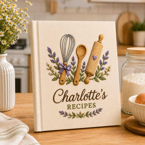 Personalized hand embroidered recipe book featuring lavender baking utensils embroidery with whisk spoon and rolling pin on linen cover