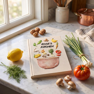Personalized hand embroidered recipe book featuring fresh vegetables herbs garlic mushrooms lemons tomatoes and a rustic mixing bowl design on a linen cover.