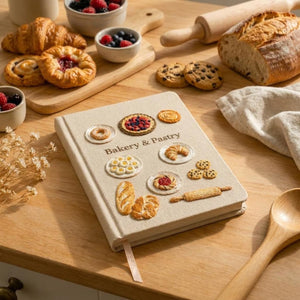 Hand embroidered bakery recipe book featuring artisan breads, pastries, fruit tart, cookies, croissant and rolling pin on linen cover.