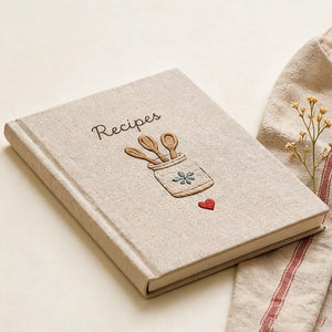 Hand embroidered recipe book featuring rustic utensil holder with wooden spoons and farmhouse kitchen embroidery on linen cover
